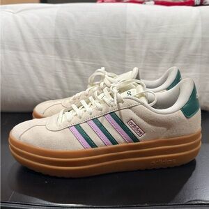 adidas Women’s Cream Suede Platform Sneakers with Green and Pink Stripes